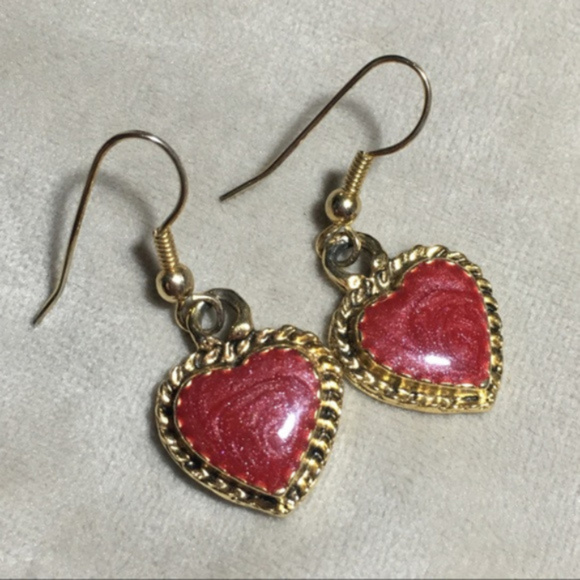 Jewelry - Gold & Enamel Heart Dangle Earrings